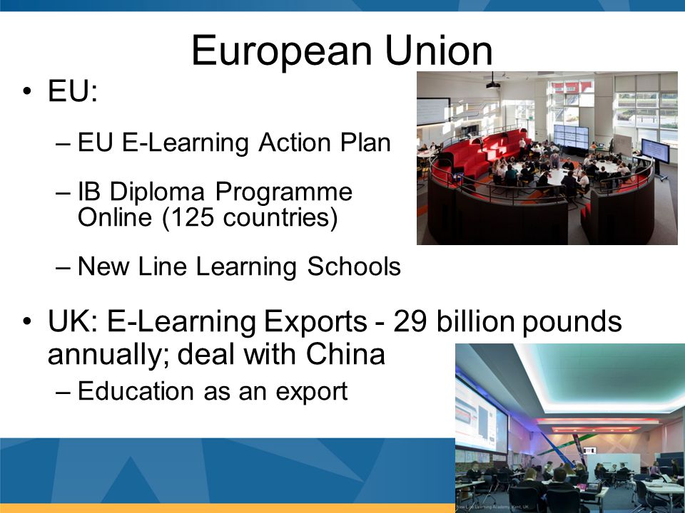 European Union EU: –EU E-Learning Action Plan –IB Diploma Programme Online (125 countries) –New Line Learning Schools UK: E-Learning Exports - 29 billion pounds annually; deal with China –Education as an export