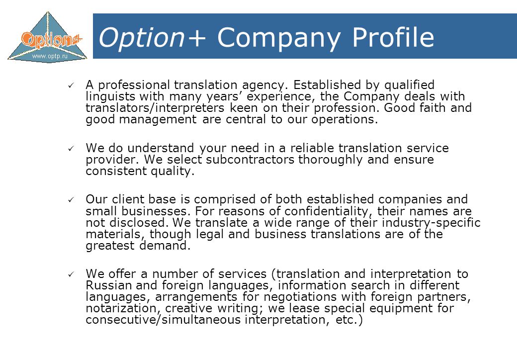 Option+ Company Profile A professional translation agency.