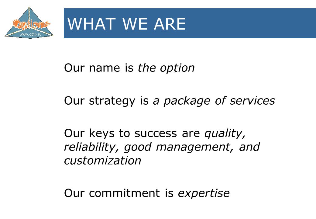 WHAT WE ARE Our name is the option Our strategy is a package of services Our keys to success are quality, reliability, good management, and customization Our commitment is expertise