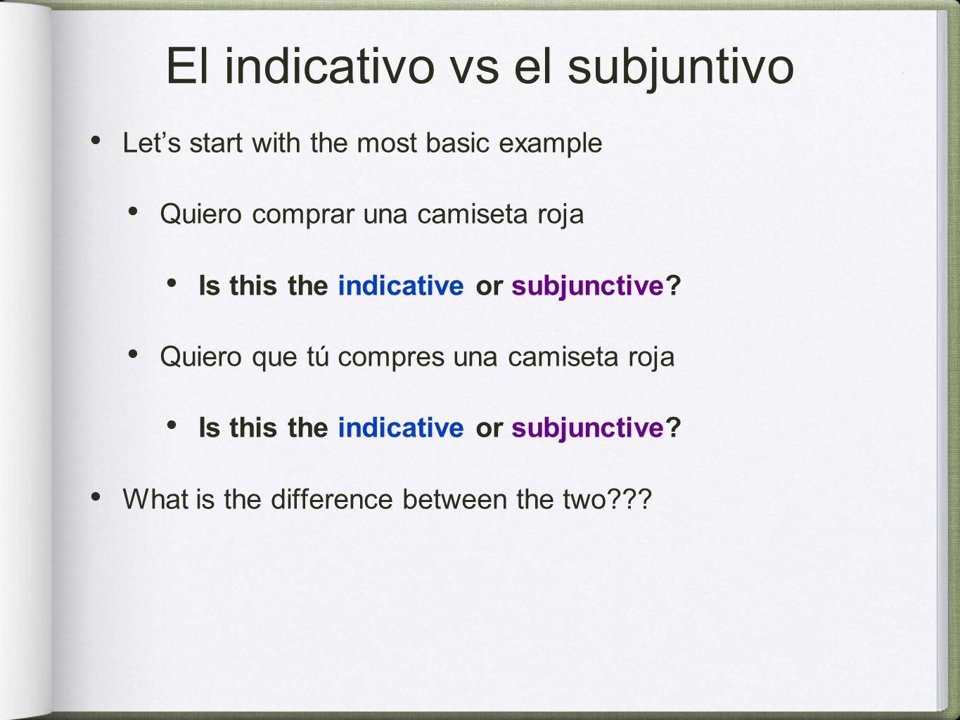 El indicativo vs el subjuntivo Let’s start with the most basic example Quiero comprar una camiseta roja Is this the indicative or subjunctive.