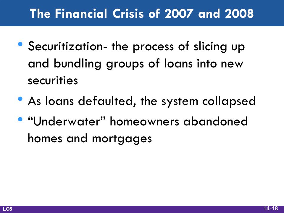 The Financial Crisis of 2007 and 2008 Securitization- the process of slicing up and bundling groups of loans into new securities As loans defaulted, the system collapsed Underwater homeowners abandoned homes and mortgages LO
