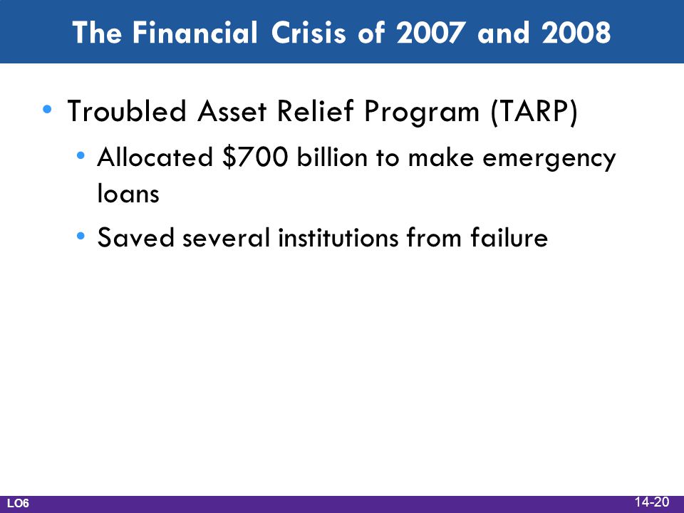 The Financial Crisis of 2007 and 2008 Troubled Asset Relief Program (TARP) Allocated $700 billion to make emergency loans Saved several institutions from failure LO
