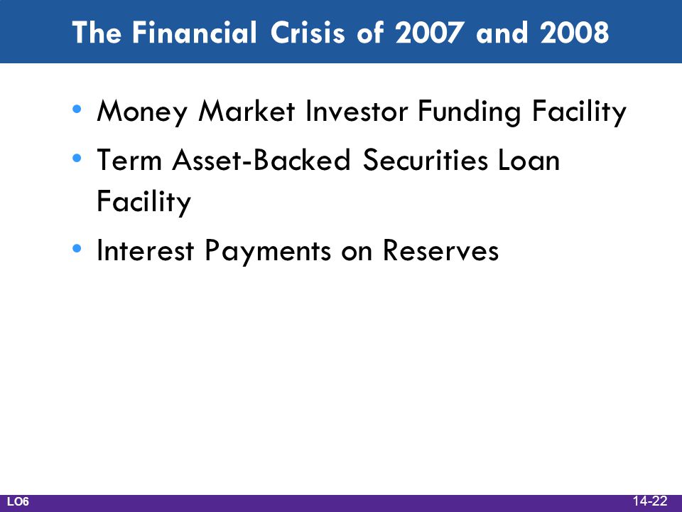 The Financial Crisis of 2007 and 2008 Money Market Investor Funding Facility Term Asset-Backed Securities Loan Facility Interest Payments on Reserves LO