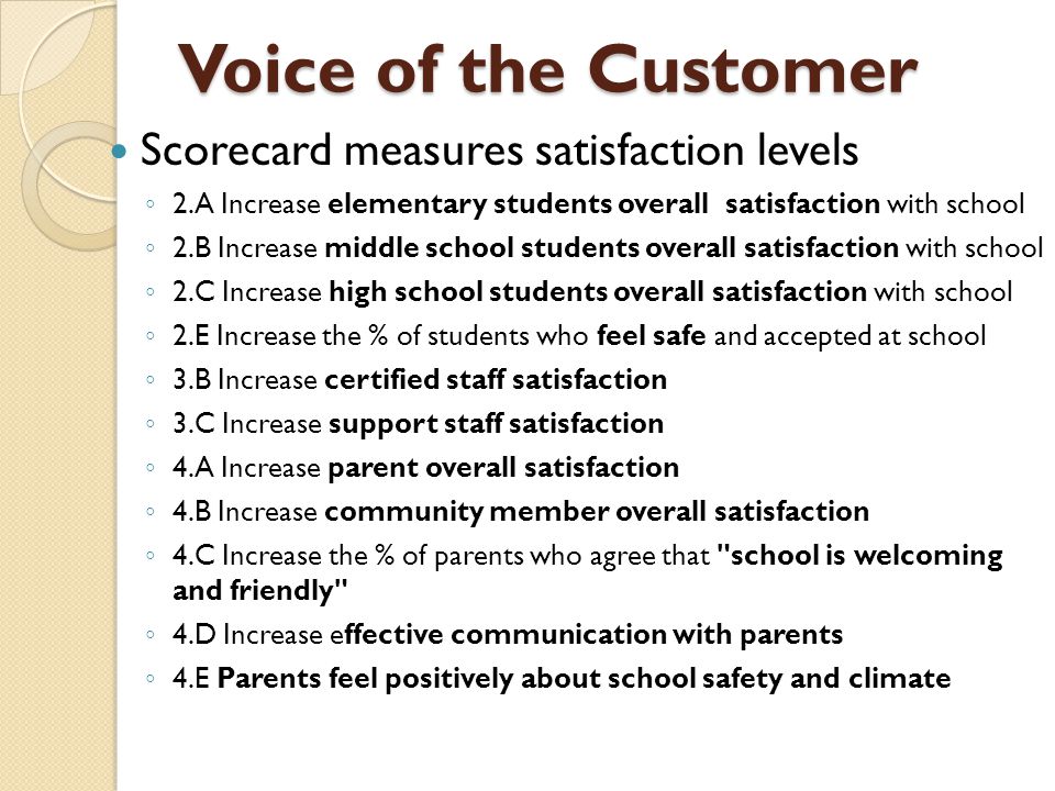 Voice of the Customer Scorecard measures satisfaction levels ◦ 2.A Increase elementary students overall satisfaction with school ◦ 2.B Increase middle school students overall satisfaction with school ◦ 2.C Increase high school students overall satisfaction with school ◦ 2.E Increase the % of students who feel safe and accepted at school ◦ 3.B Increase certified staff satisfaction ◦ 3.C Increase support staff satisfaction ◦ 4.A Increase parent overall satisfaction ◦ 4.B Increase community member overall satisfaction ◦ 4.C Increase the % of parents who agree that school is welcoming and friendly ◦ 4.D Increase effective communication with parents ◦ 4.E Parents feel positively about school safety and climate