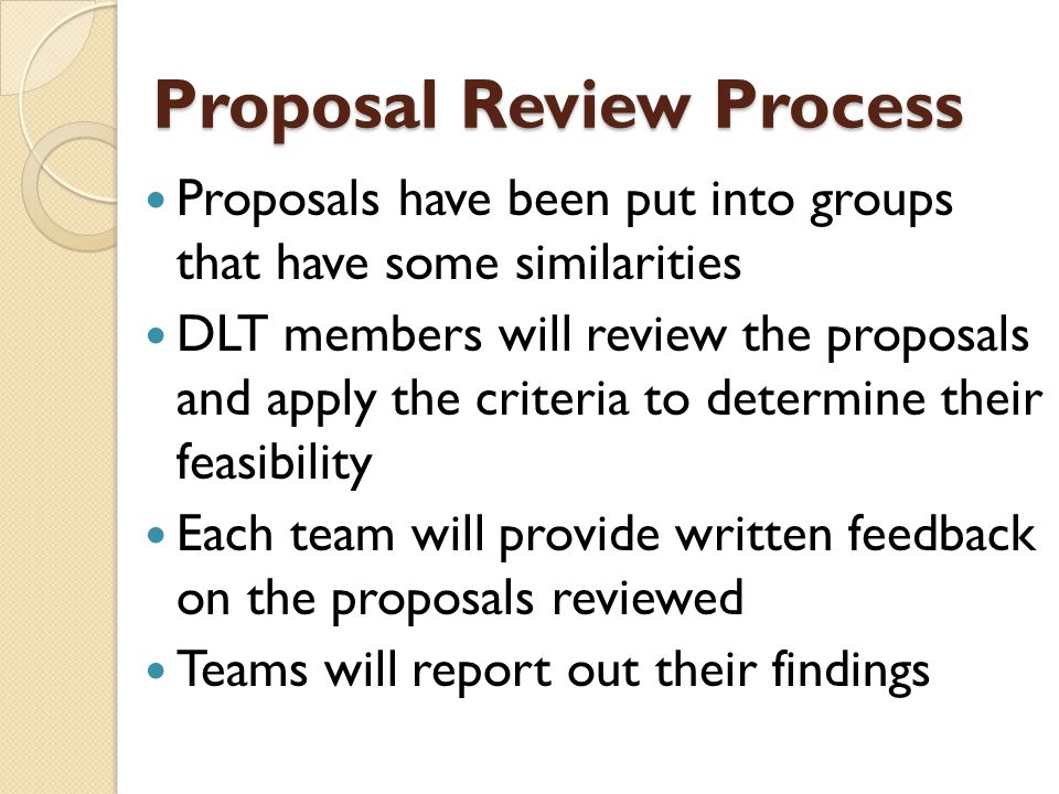 Proposal Review Process Proposals have been put into groups that have some similarities DLT members will review the proposals and apply the criteria to determine their feasibility Each team will provide written feedback on the proposals reviewed Teams will report out their findings