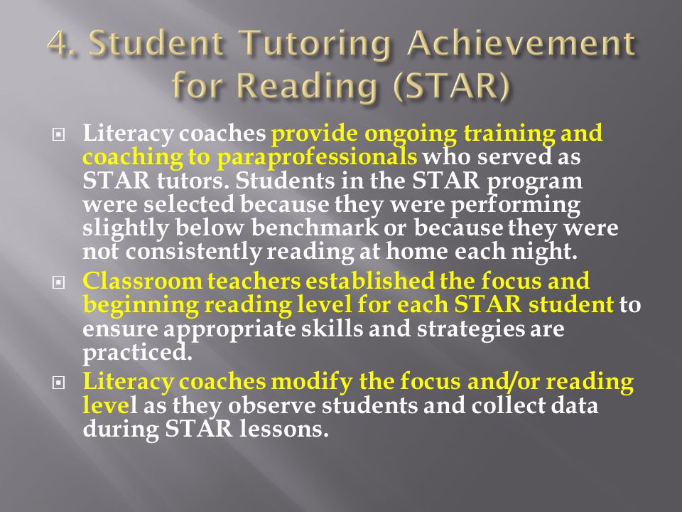  Literacy coaches provide ongoing training and coaching to paraprofessionals who served as STAR tutors.