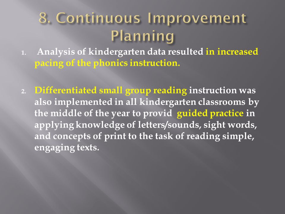1. Analysis of kindergarten data resulted in increased pacing of the phonics instruction.