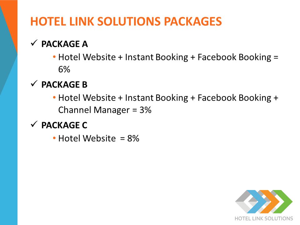 HOTEL LINK SOLUTIONS PACKAGES PACKAGE A Hotel Website + Instant Booking + Facebook Booking = 6% PACKAGE B Hotel Website + Instant Booking + Facebook Booking + Channel Manager = 3% PACKAGE C Hotel Website = 8%