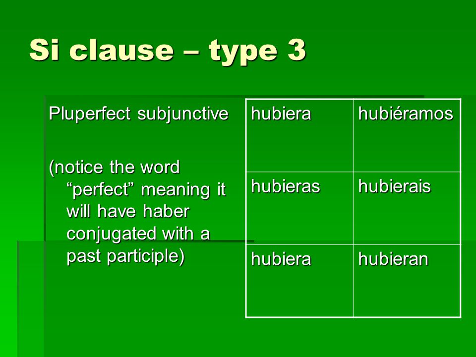 Si clause – type 3 Pluperfect subjunctive (notice the word perfect meaning it will have haber conjugated with a past participle) hubierahubiéramos hubierashubierais hubierahubieran