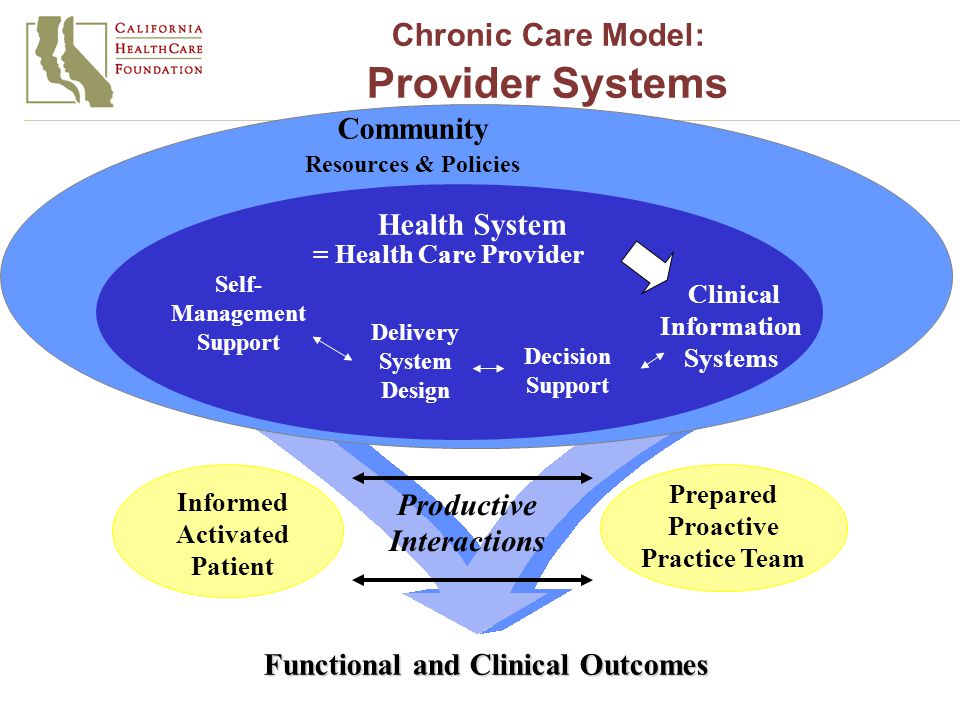 Informed Activated Patient Productive Interactions Prepared Proactive Practice Team Functional and Clinical Outcomes Delivery System Design Decision Support Clinical Information Systems Self- Management Support Health System Resources & Policies Community = Health Care Provider Chronic Care Model: Provider Systems