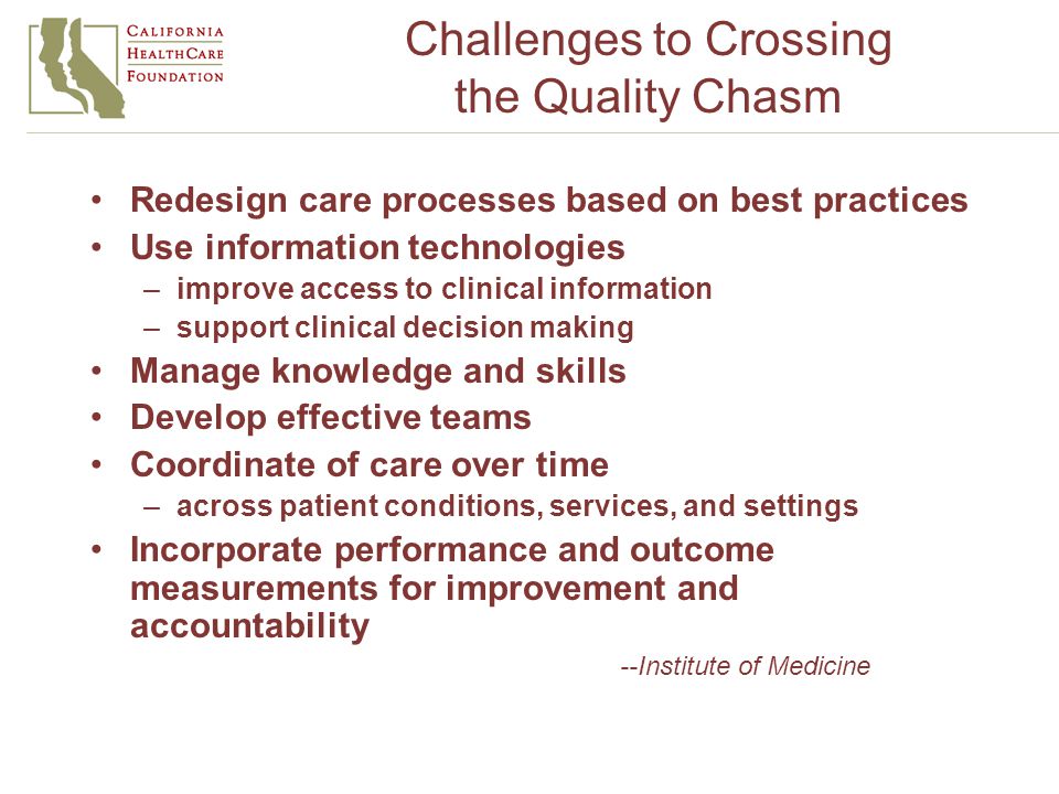 Challenges to Crossing the Quality Chasm Redesign care processes based on best practices Use information technologies –improve access to clinical information –support clinical decision making Manage knowledge and skills Develop effective teams Coordinate of care over time –across patient conditions, services, and settings Incorporate performance and outcome measurements for improvement and accountability --Institute of Medicine