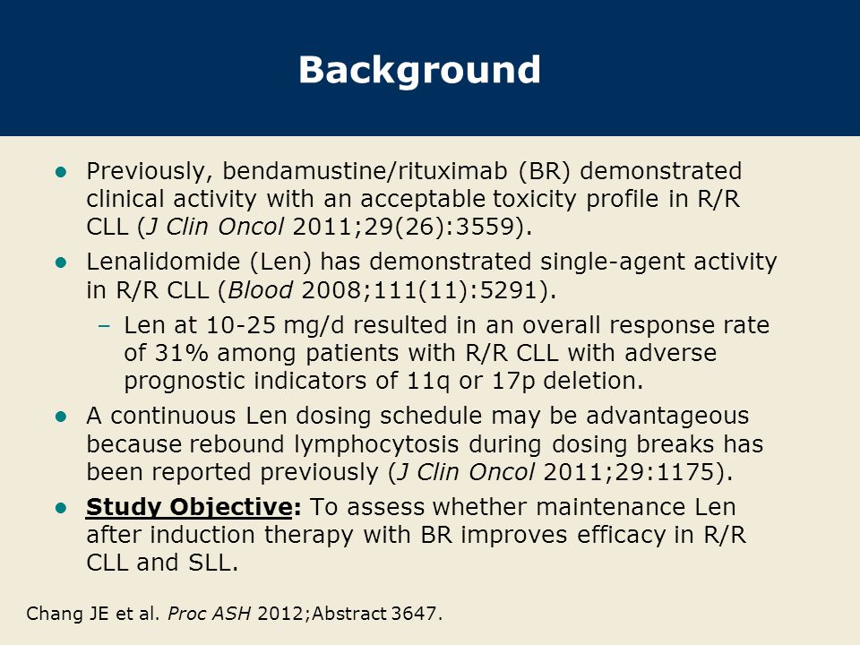 Background Previously, bendamustine/rituximab (BR) demonstrated clinical activity with an acceptable toxicity profile in R/R CLL (J Clin Oncol 2011;29(26):3559).