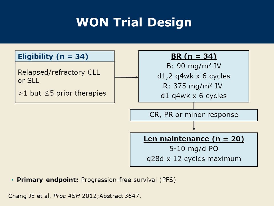 WON Trial Design Eligibility (n = 34) Relapsed/refractory CLL or SLL >1 but ≤5 prior therapies Primary endpoint: Progression-free survival (PFS) BR (n = 34) B: 90 mg/m 2 IV d1,2 q4wk x 6 cycles R: 375 mg/m 2 IV d1 q4wk x 6 cycles Len maintenance (n = 20) 5-10 mg/d PO q28d x 12 cycles maximum Chang JE et al.