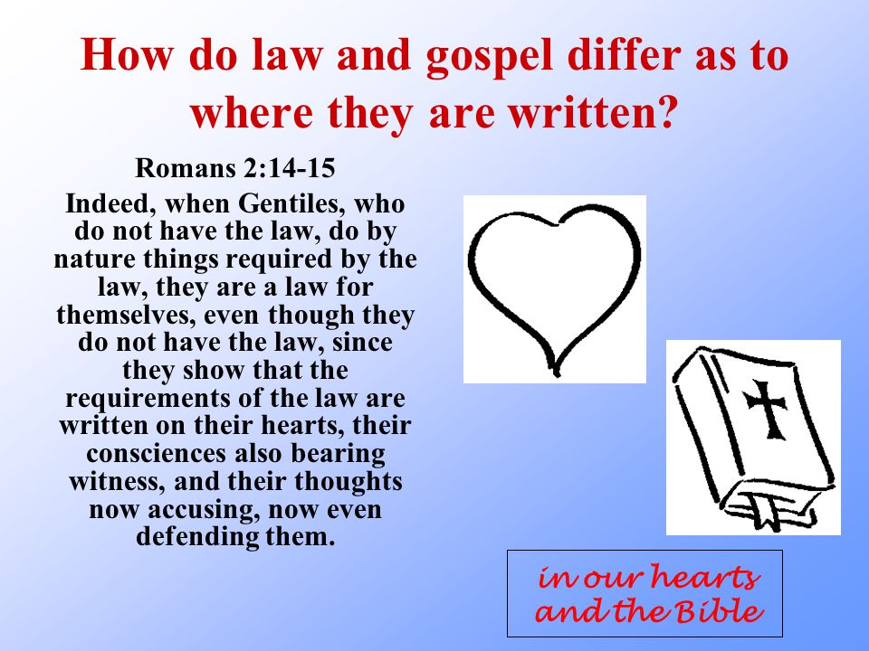 How do law and gospel differ as to where they are written.