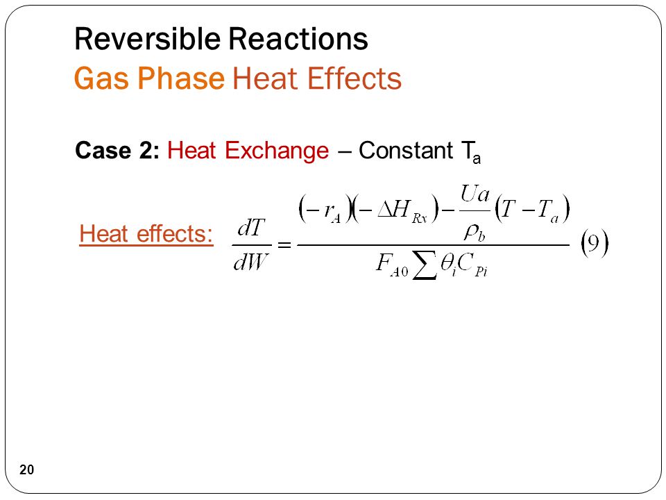 Heat effects: 20 Case 2: Heat Exchange – Constant T a Reversible Reactions Gas Phase Heat Effects
