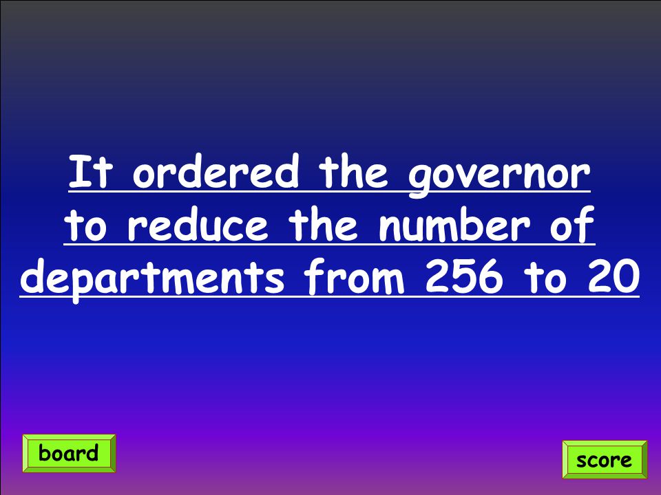 It ordered the governor to reduce the number of departments from 256 to 20 score board