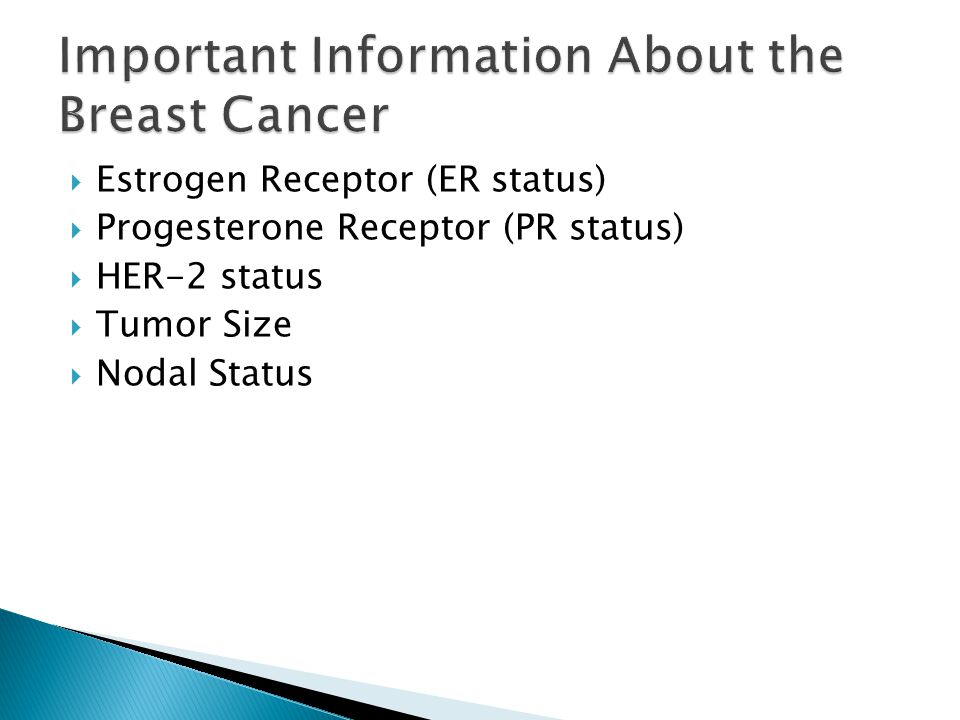  Estrogen Receptor (ER status)  Progesterone Receptor (PR status)  HER-2 status  Tumor Size  Nodal Status