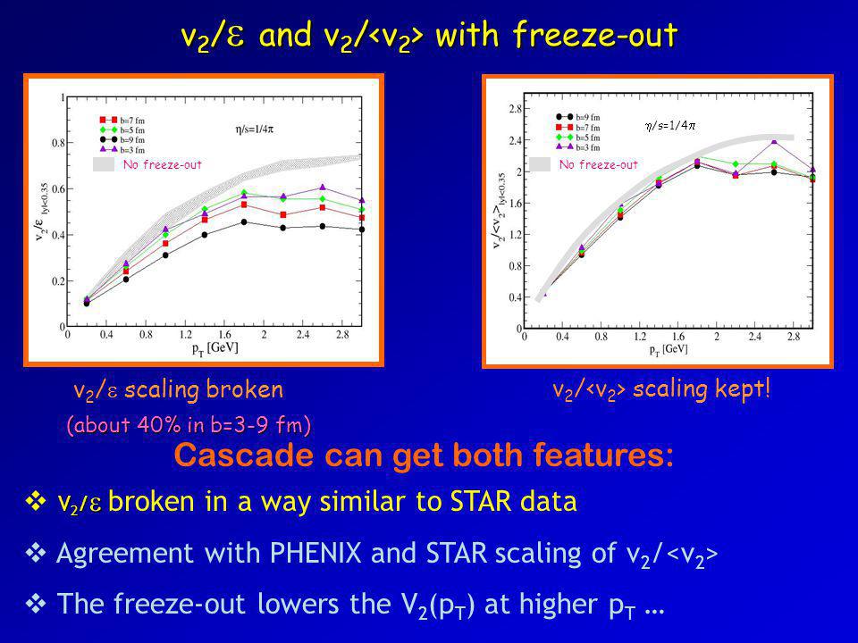 v 2 /  and v 2 / with freeze-out V 2 /   V 2 /  broken in a way similar to STAR data  Agreement with PHENIX and STAR scaling of v 2 /  The freeze-out lowers the V 2 (p T ) at higher p T … (about 40% in b=3-9 fm) No freeze-out  /s=1/4  v 2 /  scaling brokenv 2 / scaling kept.