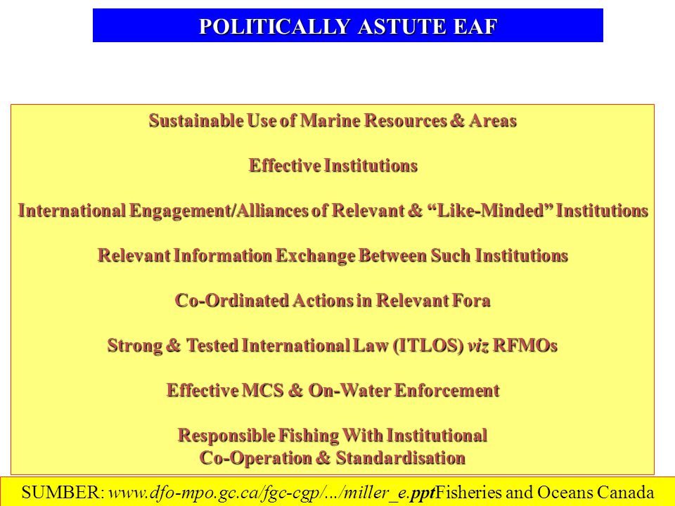 Sustainable Use of Marine Resources & Areas Effective Institutions International Engagement/Alliances of Relevant & Like-Minded Institutions Relevant Information Exchange Between Such Institutions Co-Ordinated Actions in Relevant Fora Strong & Tested International Law (ITLOS) viz RFMOs Effective MCS & On-Water Enforcement Responsible Fishing With Institutional Co-Operation & Standardisation POLITICALLY ASTUTE EAF SUMBER:   and Oceans Canada