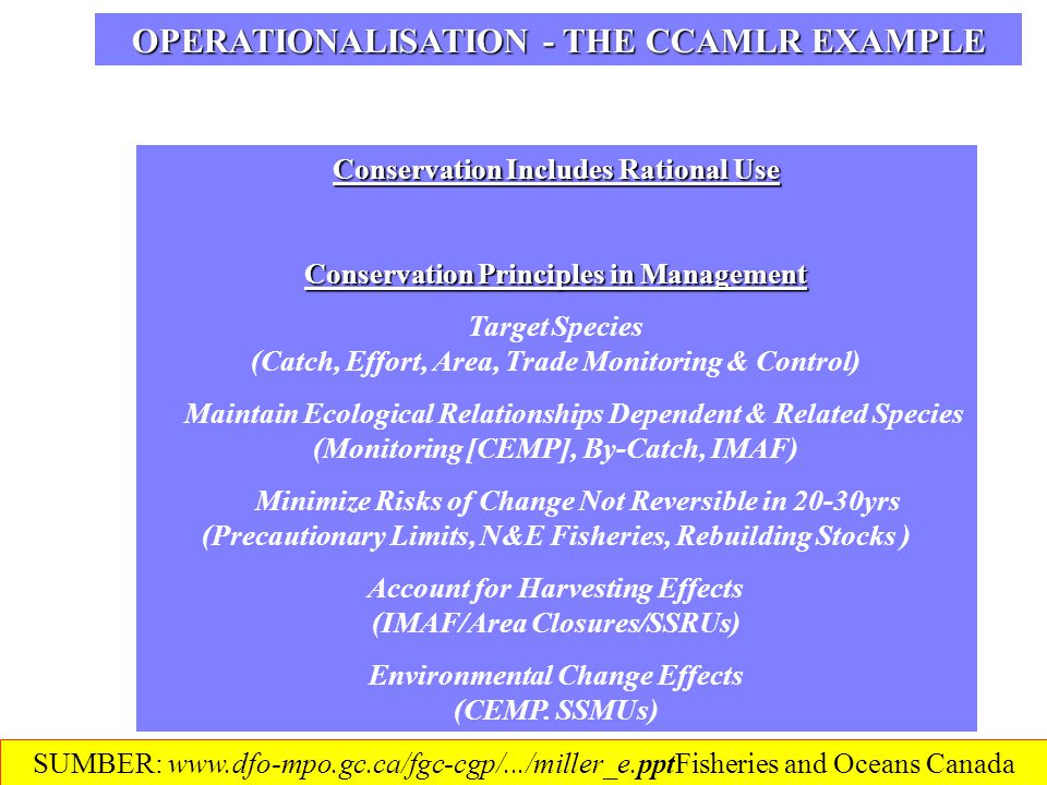OPERATIONALISATION - THE CCAMLR EXAMPLE SUMBER:   and Oceans Canada
