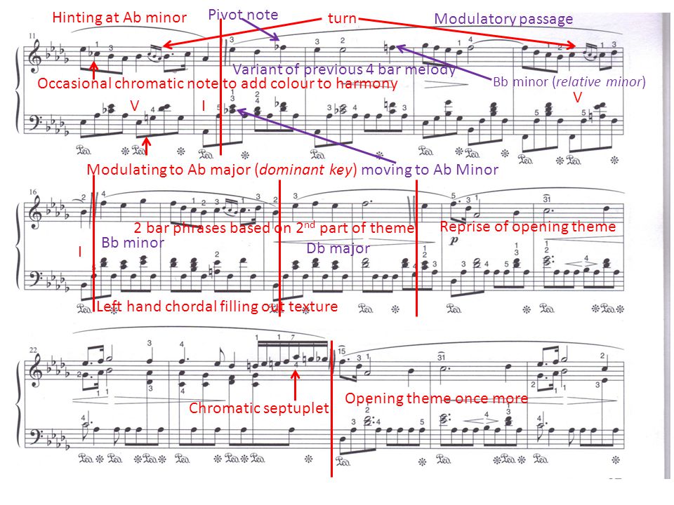 Occasional chromatic note to add colour to harmony Hinting at Ab minor Modulating to Ab major (dominant key) moving to Ab Minor V I turn Variant of previous 4 bar melody Pivot note Bb minor (relative minor) V I Modulatory passage 2 bar phrases based on 2 nd part of theme Left hand chordal filling out texture Bb minor Db major Reprise of opening theme Chromatic septuplet Opening theme once more
