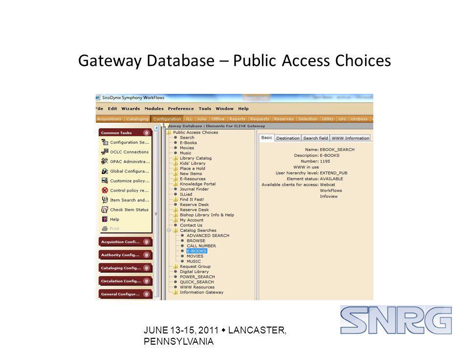 JUNE 13-15, 2011  LANCASTER, PENNSYLVANIA Gateway Database – Public Access Choices
