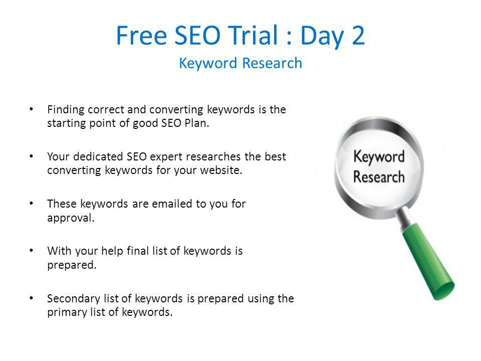 Free SEO Trial : Day 2 Keyword Research Finding correct and converting keywords is the starting point of good SEO Plan.