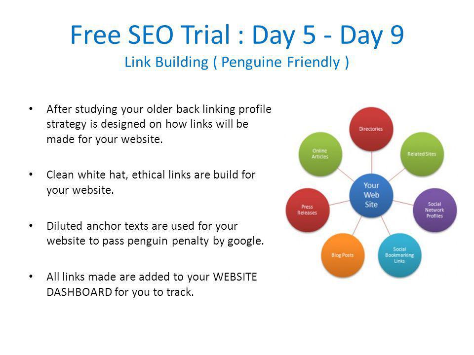 Free SEO Trial : Day 5 - Day 9 Link Building ( Penguine Friendly ) After studying your older back linking profile strategy is designed on how links will be made for your website.