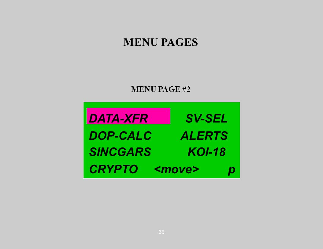 20 MENU PAGE #2 MENU PAGES DATA-XFR CRYPTO DOP-CALC SINCGARSKOI-18 ALERTS SV-SEL p
