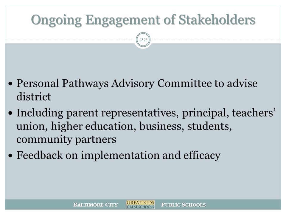 B ALTIMORE C ITY P UBLIC S CHOOLS Ongoing Engagement of Stakeholders Personal Pathways Advisory Committee to advise district Including parent representatives, principal, teachers’ union, higher education, business, students, community partners Feedback on implementation and efficacy 22