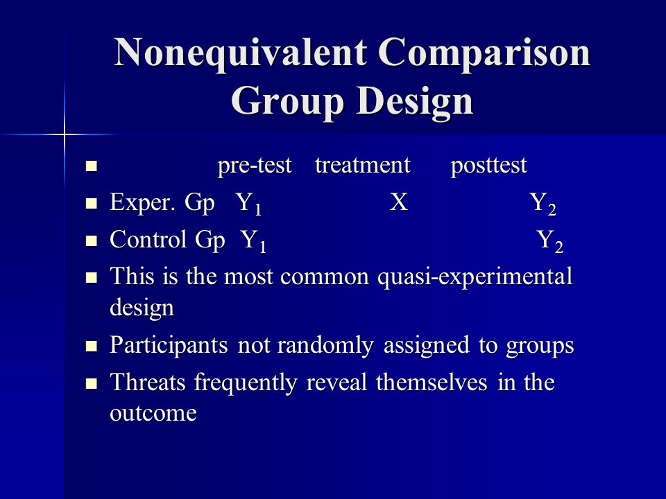 Nonequivalent Comparison Group Design pre-test treatment posttest pre-test treatment posttest Exper.