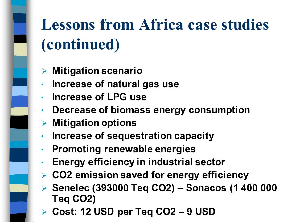 Lessons from Africa case studies (continued)  Mitigation scenario Increase of natural gas use Increase of LPG use Decrease of biomass energy consumption  Mitigation options Increase of sequestration capacity Promoting renewable energies Energy efficiency in industrial sector  CO2 emission saved for energy efficiency  Senelec ( Teq CO2) – Sonacos ( Teq CO2)  Cost: 12 USD per Teq CO2 – 9 USD