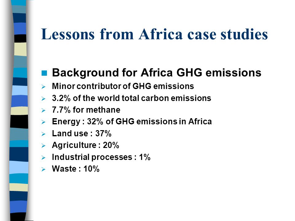 Lessons from Africa case studies Background for Africa GHG emissions  Minor contributor of GHG emissions  3.2% of the world total carbon emissions  7.7% for methane  Energy : 32% of GHG emissions in Africa  Land use : 37%  Agriculture : 20%  Industrial processes : 1%  Waste : 10%