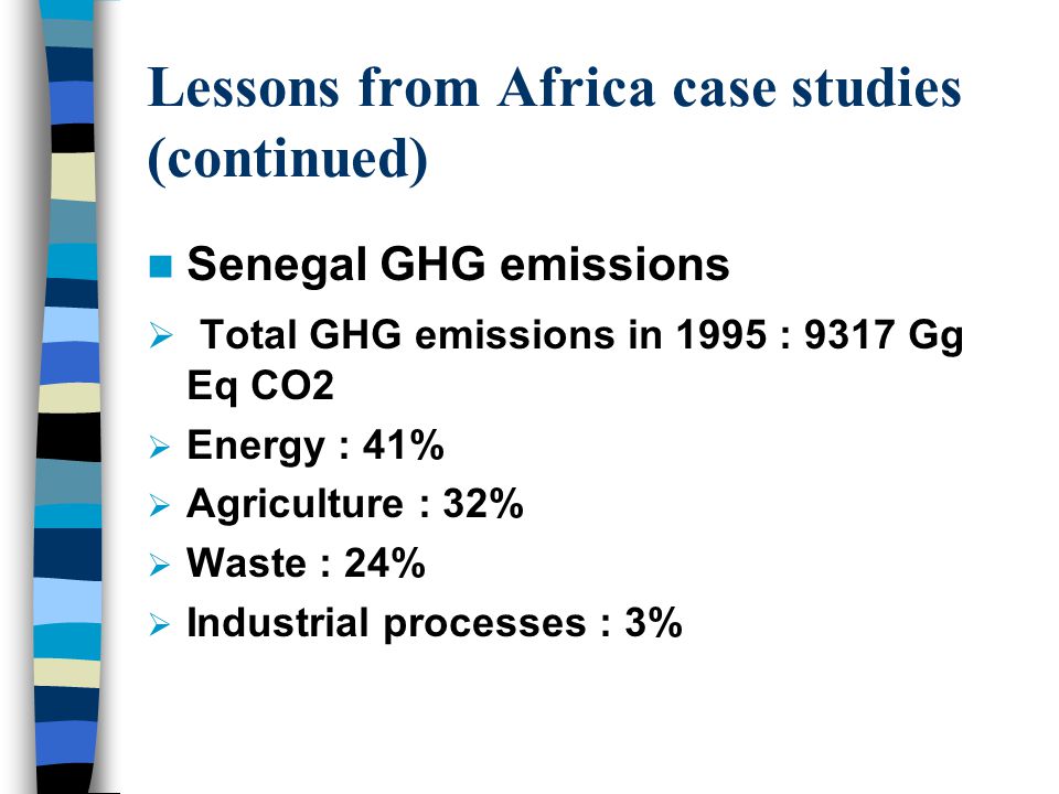Lessons from Africa case studies (continued) Senegal GHG emissions  Total GHG emissions in 1995 : 9317 Gg Eq CO2  Energy : 41%  Agriculture : 32%  Waste : 24%  Industrial processes : 3%