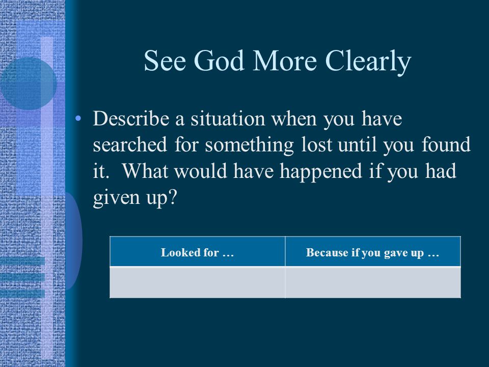 See God More Clearly Describe a situation when you have searched for something lost until you found it.