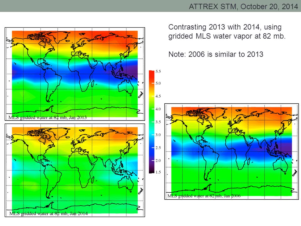 Contrasting 2013 with 2014, using gridded MLS water vapor at 82 mb. Note: 2006 is similar to 2013