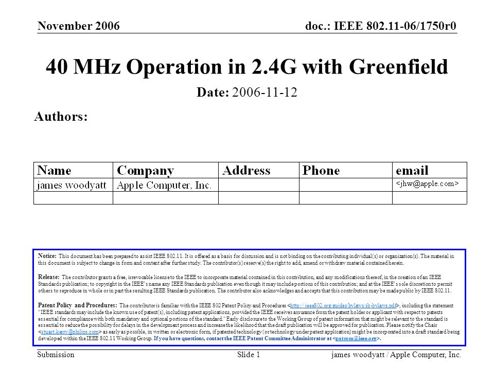 doc.: IEEE /1750r0 Submission November 2006 james woodyatt / Apple Computer, Inc.Slide 1 40 MHz Operation in 2.4G with Greenfield Notice: This document has been prepared to assist IEEE
