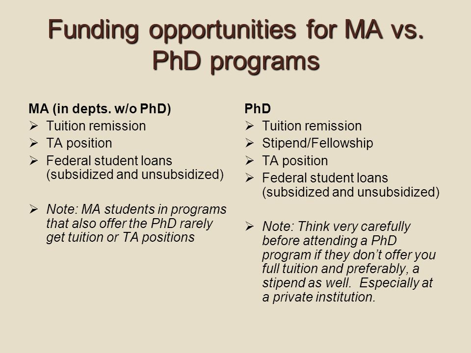 Funding opportunities for MA vs. PhD programs MA (in depts.
