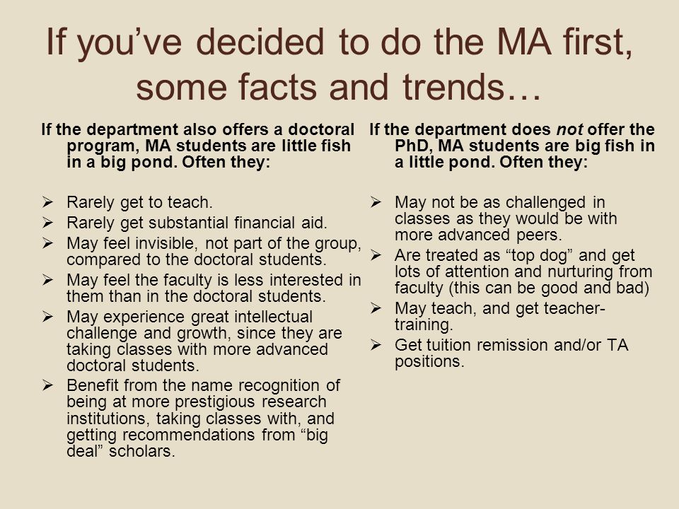 If you’ve decided to do the MA first, some facts and trends… If the department also offers a doctoral program, MA students are little fish in a big pond.