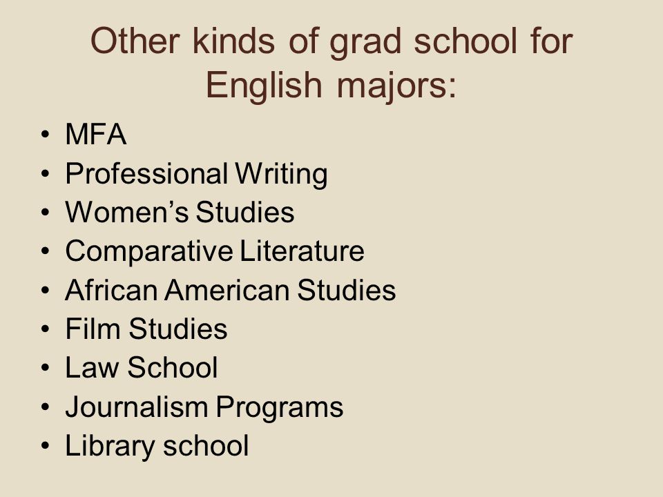 Other kinds of grad school for English majors: MFA Professional Writing Women’s Studies Comparative Literature African American Studies Film Studies Law School Journalism Programs Library school