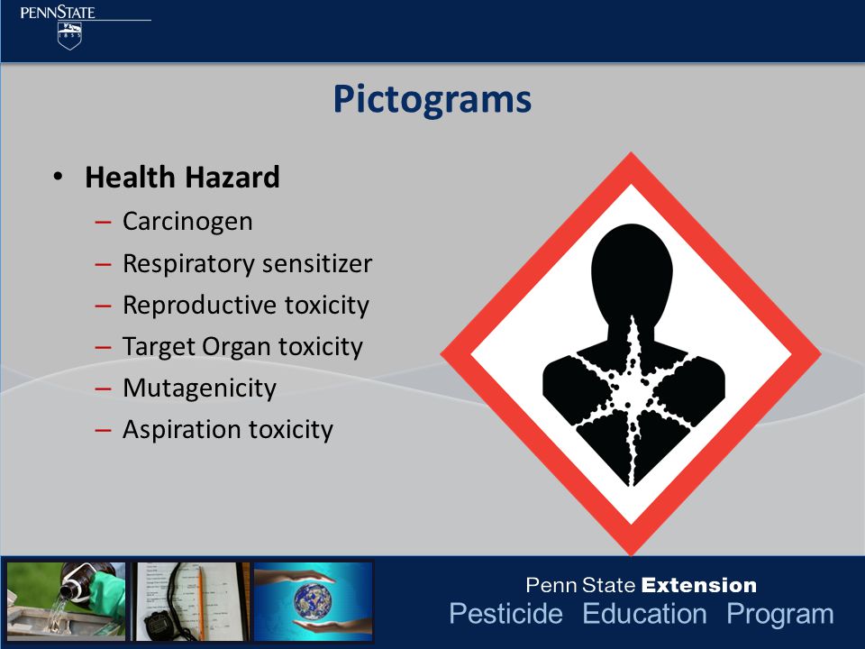 Pesticide Education Program Pictograms Health Hazard – Carcinogen – Respiratory sensitizer – Reproductive toxicity – Target Organ toxicity – Mutagenicity – Aspiration toxicity