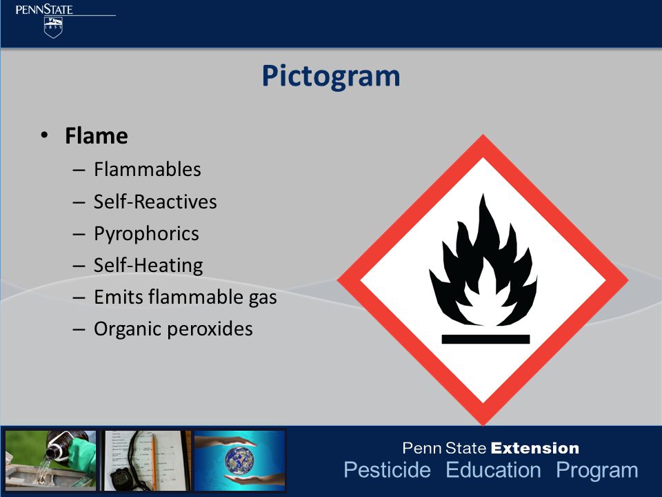 Pesticide Education Program Pictogram Flame – Flammables – Self-Reactives – Pyrophorics – Self-Heating – Emits flammable gas – Organic peroxides