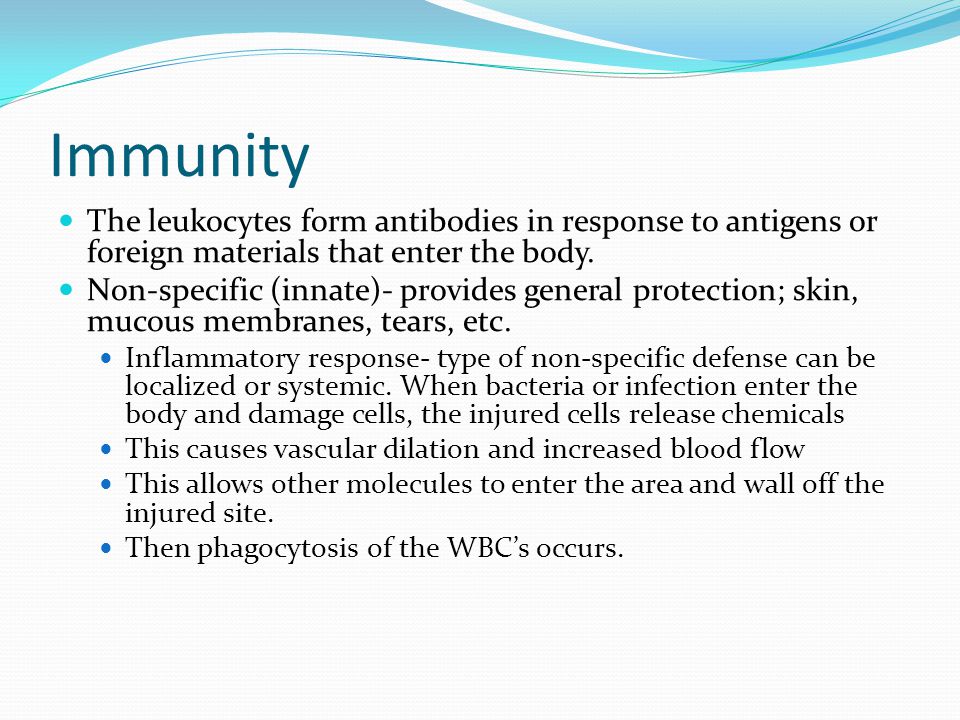 Immunity The leukocytes form antibodies in response to antigens or foreign materials that enter the body.
