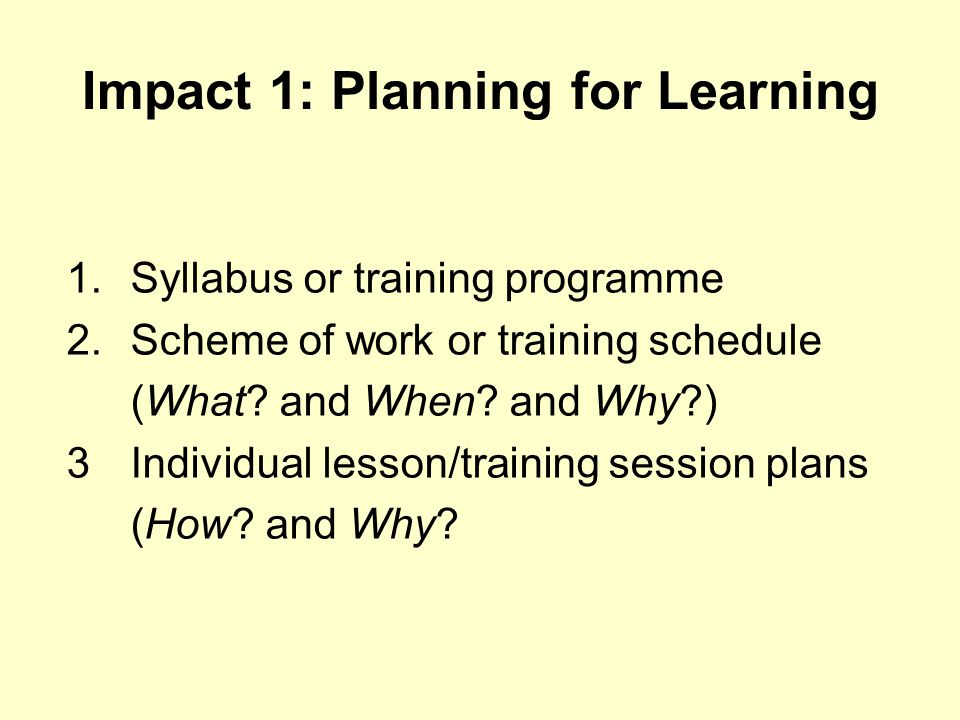 Impact 1: Planning for Learning 1.Syllabus or training programme 2.Scheme of work or training schedule (What.