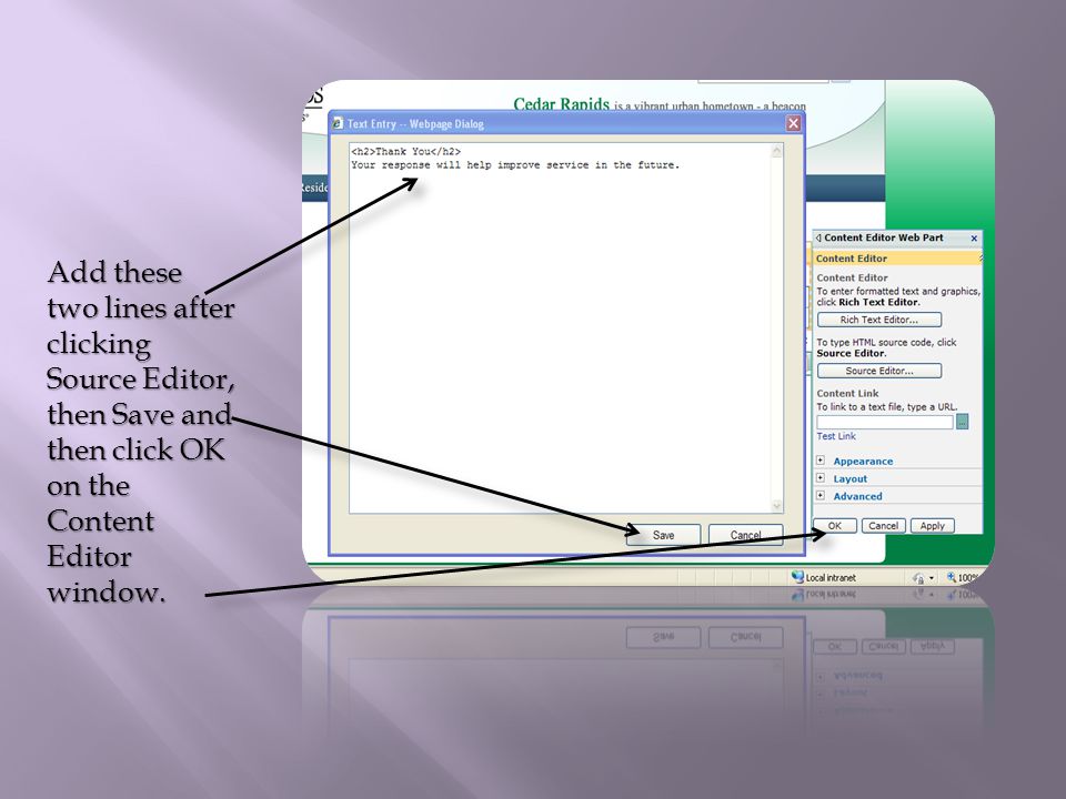 Add these two lines after clicking Source Editor, then Save and then click OK on the Content Editor window.