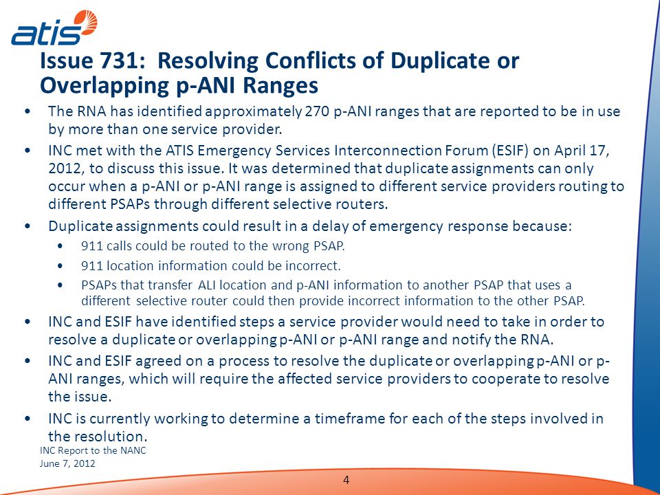 INC Report to the NANC June 7, Issue 731: Resolving Conflicts of Duplicate or Overlapping p-ANI Ranges The RNA has identified approximately 270 p-ANI ranges that are reported to be in use by more than one service provider.