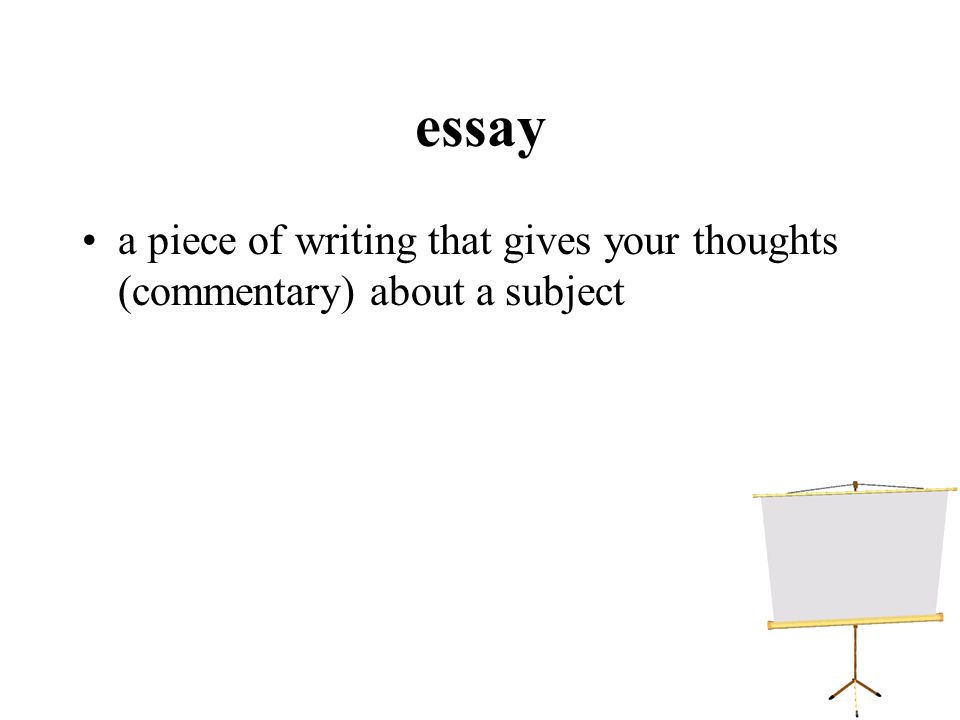 essay a piece of writing that gives your thoughts (commentary) about a subject