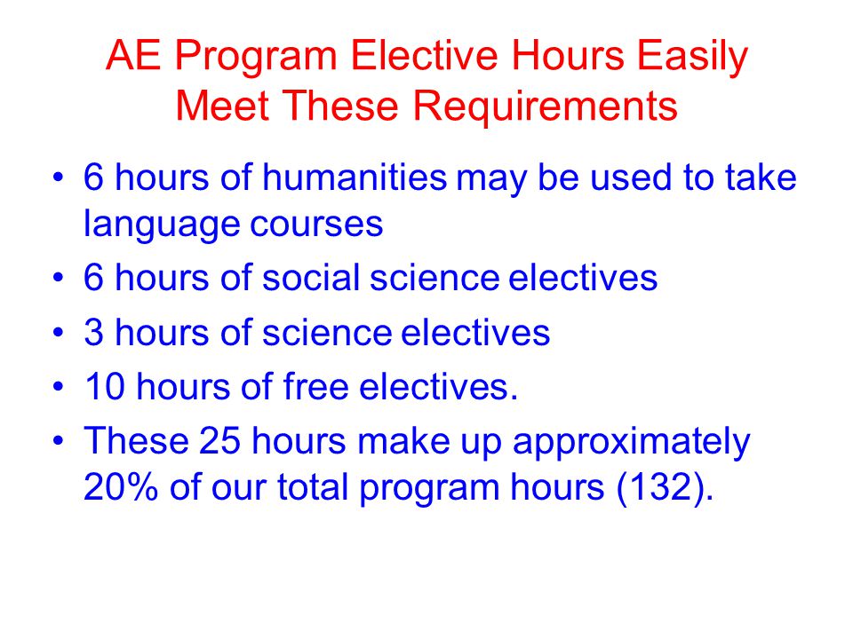AE Program Elective Hours Easily Meet These Requirements 6 hours of humanities may be used to take language courses 6 hours of social science electives 3 hours of science electives 10 hours of free electives.