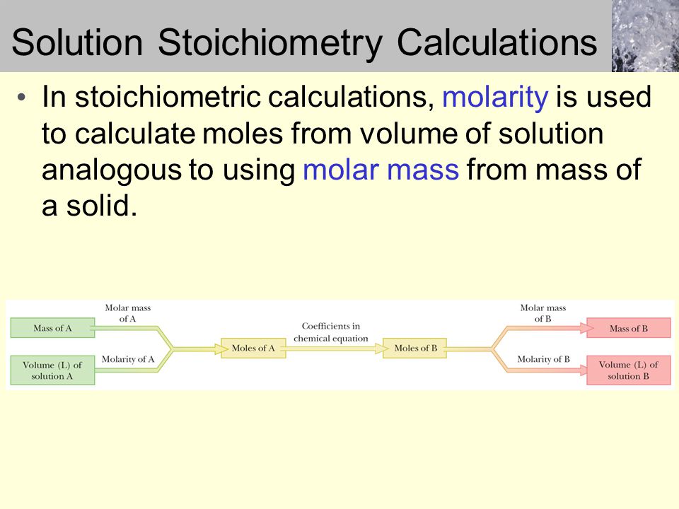 In stoichiometric calculations, molarity is used to calculate moles from volume of solution analogous to using molar mass from mass of a solid.
