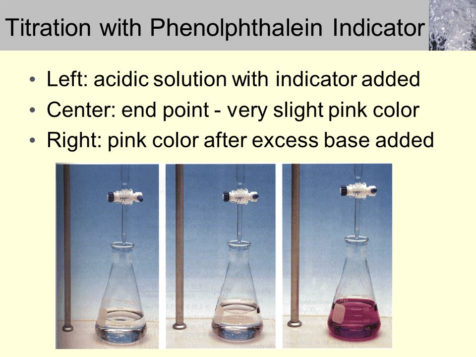 Titration with Phenolphthalein Indicator Left: acidic solution with indicator added Center: end point - very slight pink color Right: pink color after excess base added